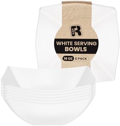 R-kay 6 Pack Square Plastic Serving Bowls - White Plastic bowls 16 Oz - Premium White Bowls Disposable Heavy Duty For Weddings Catering And Birthday parties