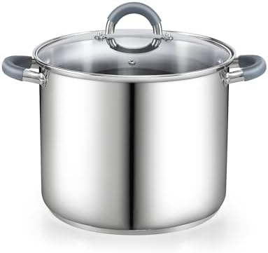 Cook N Home Basics 8 Quart Stainless Steel Stock Pot with Lid, Cooking Pot for Pasta, Soup, Stay-Cool Silicone Handle, Stockpot with Even Heating, Oven Safe, Cookware for Canning, Boiling, Simmer