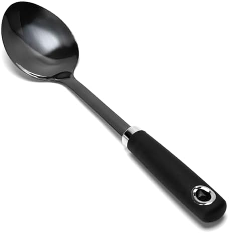 Stainless Steel Cooking Spoon, 14-Inch, Solid Bowl, Black