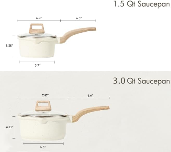 CAROTE Nonstick 1.5Qt & 3.0Qt Sauce Pan Sets with Lid, White
