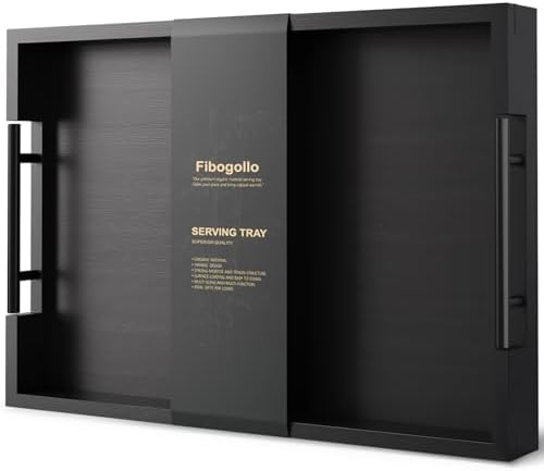 Fibogollo Bamboo Serving Trays with Metal Handles,Large(Black)