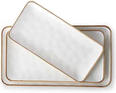 Ceramic Rectangle Serving Platter with Brown Rim: 15.6/14.1/12.6 Inch Large Serving Dishes for Entertaining Party, Sushi, Turkey, Cheese, Snack and Dessert, Microwave Dishwasher Safe
