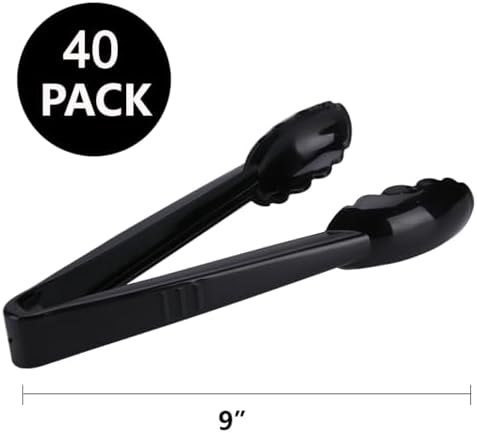40 Pieces Plastic Salad Tongs, Black Kitchen Serving Tongs, 9 Inch Disposable Utensils Set, Heavy Duty Scalloped, Perfect for Buffets and BBQ, Food Safe Material