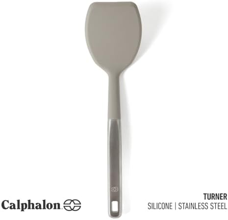 Calphalon Prime Solid Turner, Cooking Spatula, Kitchen Spatula, Stainless Steel Turner with Taupe Silicone Head High-Heat Resistant for Nonstick Cookware, Ergonomic Handle for Easy Turning