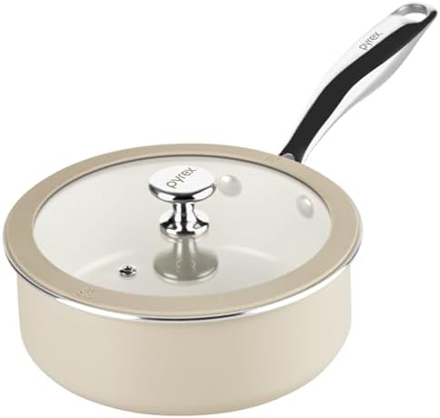 Pyrex 7.7-Inch Saucepan Ceramic Cookware with Lid & Stainless Steel Handles