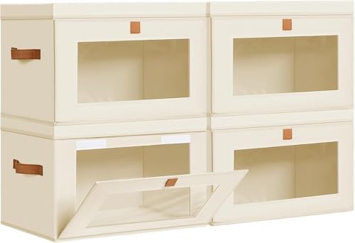 DIMJ Storage Bins with Lids - 4 Pack Fabric Closet Organizer with Window & Handles, Collapsible Decorative Storage Boxes for Shelves Under Bed, Books Clothes Blankets Sweaters Organization