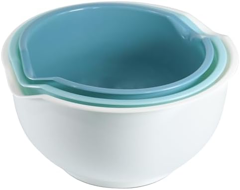Set of 3 Mixing Bowls with Pour Spout-Nesting Design Saves Space - Non-Slip, BPA Free, Dishwasher Safe Plastic - Kitchen Cooking and Baking Supplies (Blue)