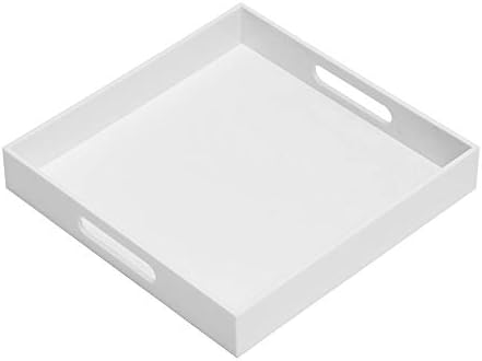 KEVLANG Glossy White Sturdy Acrylic Serving Tray with Handles-14x14Inch-Serving Coffee,Appetizer,Breakfast,Butler-Kitchen Countertop Tray-Makeup Drawer Organizer-Vanity Table-Ottoman Tray