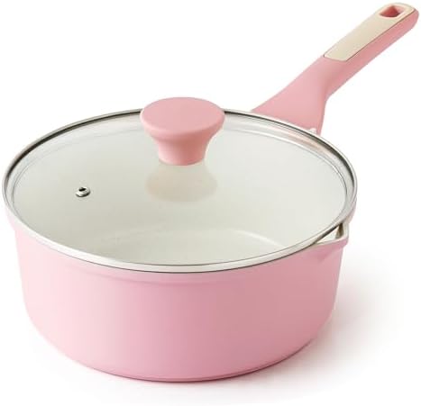 SENSARTE Ceramic Nonstick Saucepan with Double Pouring Spout, 3QT, Pink