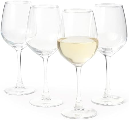 Amazon Basics Stemmed White Wine Glasses Set Of 4, 12 Oz Clear Glass, Classic Design for Everyday Dining, Weddings & Parties, Dishwasher-Safe