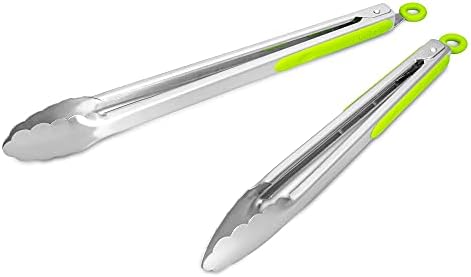 304 Stainless Steel Kitchen Cooking Tongs, 12 & 14 Inch, Set of 2, Green