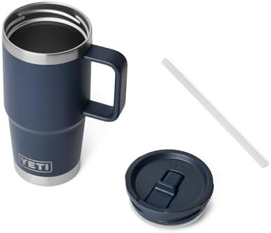 YETI Rambler 20 oz Travel Mug with Flip Straw Lid – Stainless Steel, Vacuum Insulated, Leakproof, Cup Holder Friendly, Navy