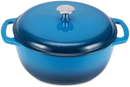 Amazon Basics Enameled Cast Iron Dutch Oven Pot with Lid, Round, Dual Handles, Heavy-Duty, Oven Safe for Stews, Roasting, Baking,4.3-Quart, Blue
