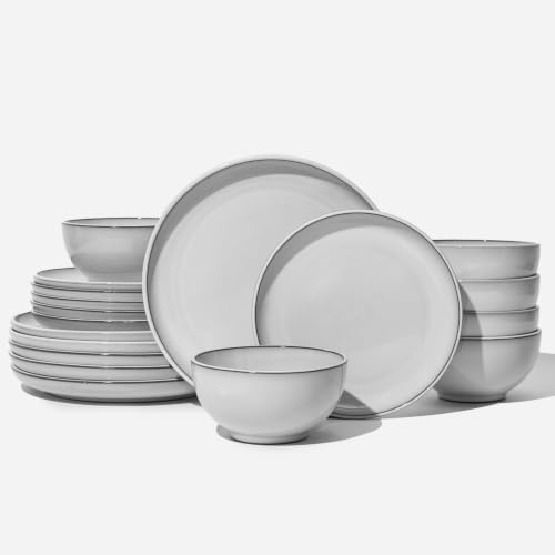 Pokini Stoneware Dinnerware Sets for 6, 18pcs Plates and Bowls Sets Dishes