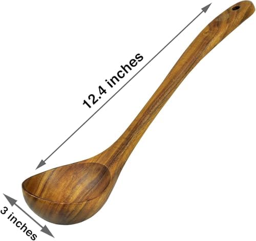 Wooden Ladle for Cooking, 12.4" Teak Soup Spoon, Medium 2 oz Serving Scoop
