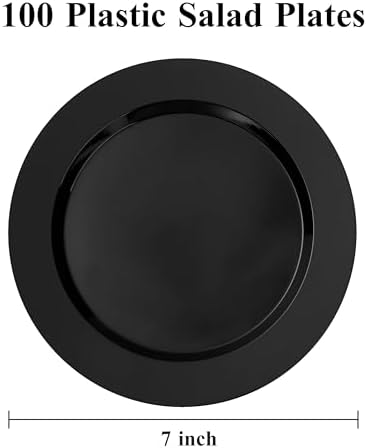 Bestluck 100PCS Black Plastic Dessert Plates 7inch for 100 Guests