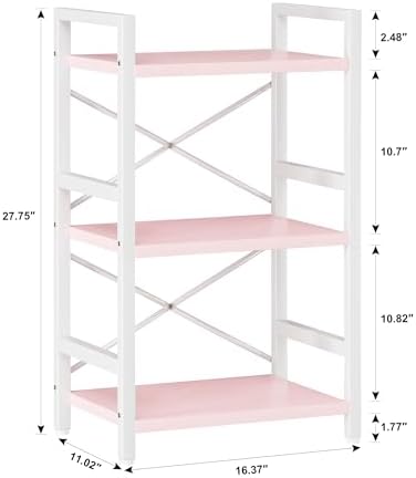 Homeiju Pink Bookshelf, 3 Tier Industrial Bookcase, Metal Small Bookcase, Rustic Etagere Book Shelf Storage Organizer for Living Room, Bedroom, and Home Office(Pink) Patent Pending D29873033