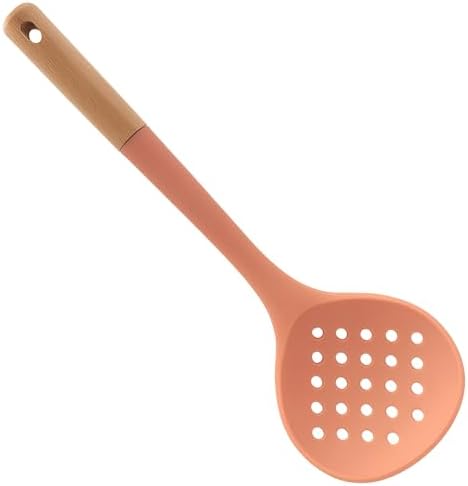 Beille 1pc Skimmer Spoon Beech Wood and Silicone Kitchen Utensils Meal Prep Cooking Baking Supplies Home Essentials, Coral