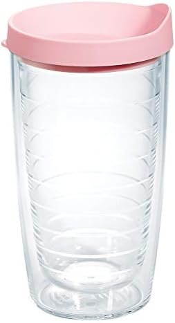Tervis Clear & Colorful Lidded Made in USA Double Walled Insulated Tumbler Travel Cup Keeps Drinks Cold & Hot, 16oz, Pink Lid