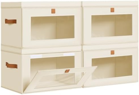 DIMJ Storage Bins with Lids - 4 Pack Large Fabric Closet Organizer with Window & Handles, Collapsible Decorative Storage Boxes for Shelves Under Bed, Books Clothes Blankets Sweaters Organization