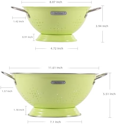 Metal Colander 2 Pack, Strainer Bowel with Handles 2Qt & 6Qt Powder Coated Solid Ring Base Heavey Duty Kitchen Drainer Basket for Pasta Veggies and Fruits,New Home Apartment Essentials (LightGreen)