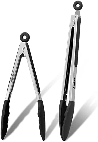 Anaeat Non-Stick Silicone Locking Tong Set of 2 - Stainless Steel 9" and 12" Kitchen Food Tongs with Non-Slip Silicone Tips and Grip for Cooking, Baking and BBQ - Heavy Duty & Heat Resistant (Black)