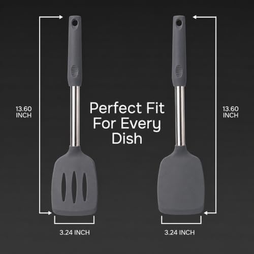 Silicone Spatula Set (2-Pc) - 600°F Heat Resistant, BPA Free, Non-Scratch, Dishwasher Safe I Slotted & Solid Kitchen Spatula Turners I Ideal for Eggs, Pancakes, Fish I Stainless Steel I Gray