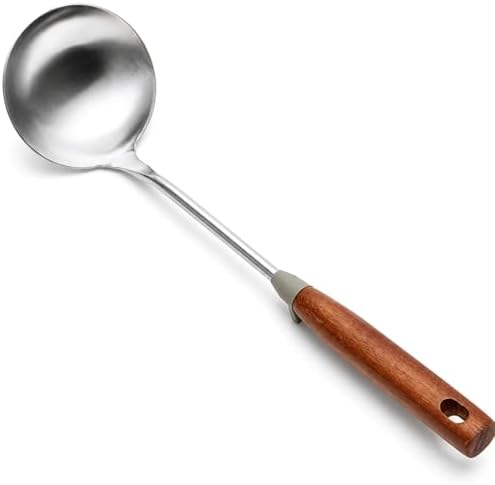 WANGYUANJI 14.2 Inch Stainless Steel Soup Ladle, Deep Wok Ladle Spoon with Wooden Handle and Pot-Rim Stopper, Long Handle Serving Scoop for Soup, Hot Pot, Stew and Chili