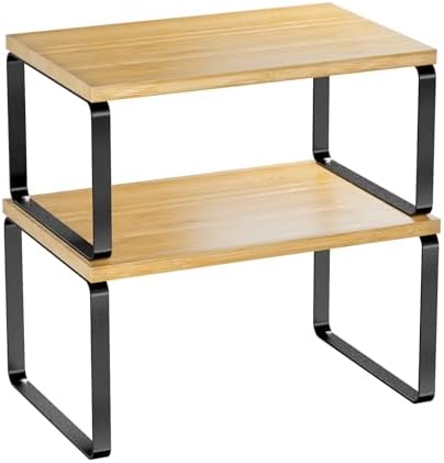 Simple Trending Bamboo Cabinet Organizer Shelf, Set of 2 Kitchen Counter Shelves, Stackable Expandable Spice Rack Kitchen Storage, Black and Natural Beige