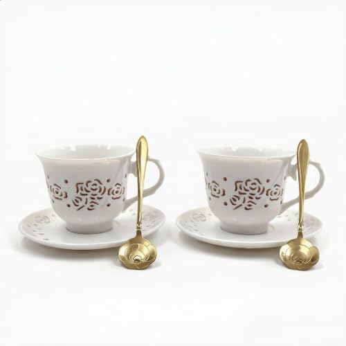 Tea Cup and Saucers Set of 2 Vintage Tea Mug Set Cutout Rose Floral Porcelain Tea Cup Saucer and Spoon Set with English Black Tea Set as Elegant Gift for Women,Tea&Coffce Lover