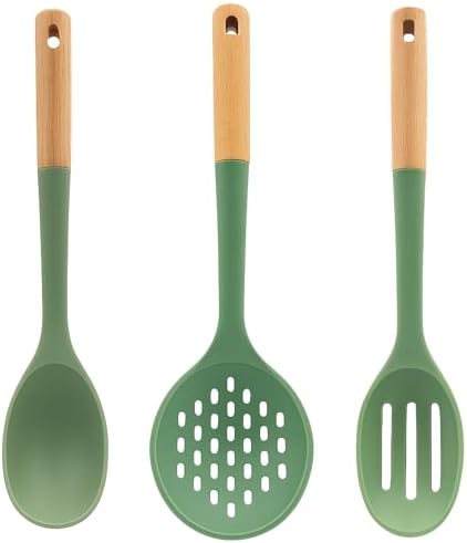 Beille 3pc Beech Wood and Silicone Kitchen Utensils Cooking Spoon Set Meal Prep Baking Supplies Home Essentials, Olive Green