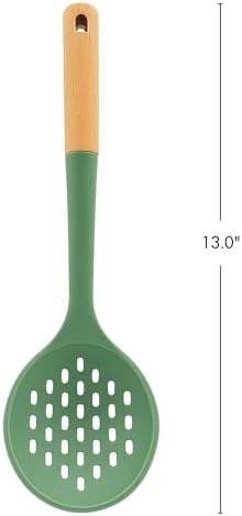 Beille 1pc Skimmer Spoon Beech Wood and Silicone Kitchen Utensils Meal Prep Cooking Baking Supplies Home Essentials, Olive Green