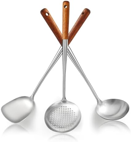 Evanda Wok Spatula Set 17", Heat Resistant Wood Handle Stainless Steel Wok Tools, Ladle, Metal Spatula, Kitchen Skimmer, Professional Kitchen Cooking Utensils Set, Wok Accessories Dishwasher Safe