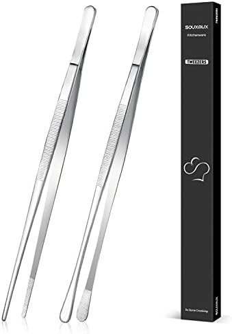 2 Pcs 12-inch Cooking Tweezers Tongs Precision Serrated Tips, Stainless Steel Professional Chef Tweezer Kitchen Tools for BBQ, Plating and Serving（Silver）