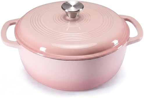 DUMOS Cast Iron Dutch Oven, 6 Quart Pot with Lid, Enameled Heavy Duty Cookware, Oven Safe to 500°F, Perfect for Bread Baking, Stews and Roasting, Moisture Sealing Lid with Dual Handles, Gradient Pink