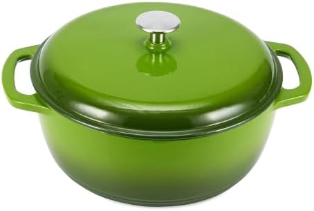 Amazon Basics Enameled Cast Iron Dutch Oven Pot with Lid, Round, Dual Handles, Heavy-Duty, Oven Safe for Stews, Roasting, Baking, 4.3-Quart, Small, Green