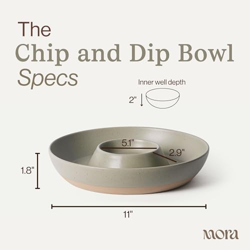 MORA Ceramic Chips and Dip Serving Tray: Large Divided Party Bowl Set for Chips & Salsa, Veggies & Dip, Fruit, Snacks, Entertaining, Hosting, etc. Minimalist Design for the Modern Hostess - Thyme