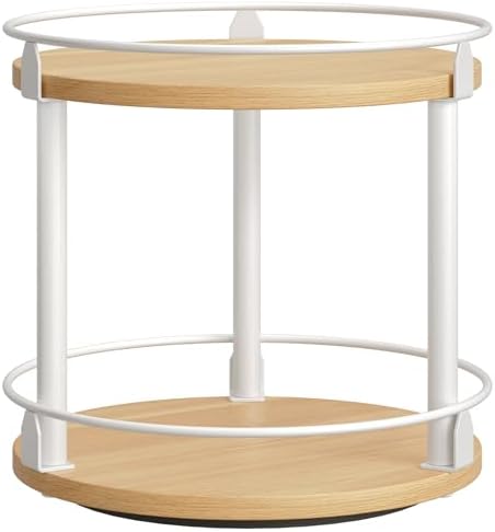 YATINEY Lazy Susan Organizer, Rotating Spice Rack, 2 Tier Spice Turntable Organizer, Industrial Turntable Spice Holder, for Kitchen Countertop, Compact and Versatile, White and Natural SR22WN