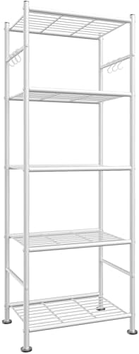 Sakugi 5T Storage Rack Organizer with Hooks, Heavy Duty Metal Garage Rack with Leveling Feet, Freestanding Utility Rack for Bedroom, Balcony and Garage, 18.1"×12.4"×56.8", White