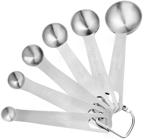 Stainless Steel Measuring Spoons Set, 6 Piece Metal Measuring Spoon Set for Dry & Liquid Ingredients, Heavy Duty 18/8 Steel with Engraved US & Metric Marks, Nesting Kitchen Spoons for Cooking Baking