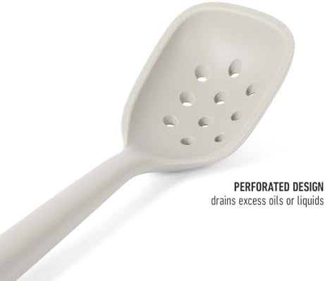 Calphalon Edge Silicone Slotted Spoon/Skimmer, Flexible Heat-Resistant Kitchen Strainer Spoon for Cooking, Frying, Skimming, Draining & Serving, Taupe