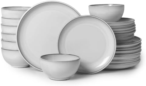 Pokini Stoneware Dinnerware Sets for 8, 24pcs Plates and Bowls Sets Dishes