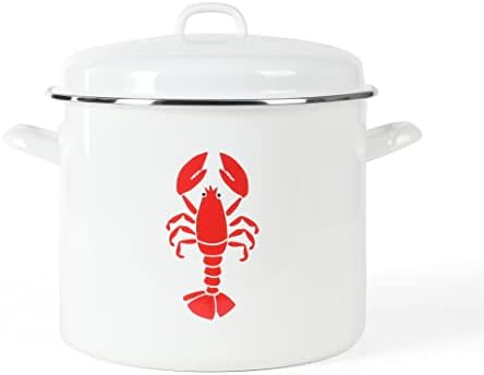 Martha Stewart 16-Quart Enamel on Steel Scratch-Resistant Lobster Stock Pot – Linen – Durable Large Capacity Pot for Boiling, Steaming & Seafood Cooking