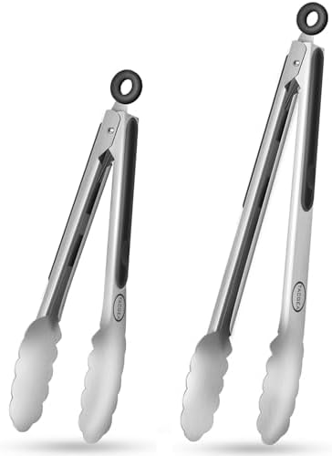 TACGEA Stainless Steel Kitchen Tongs, Silicone Non-slip Grip, Locking Grilling Food Tongs Set of 2, 9-inch & 12-inch