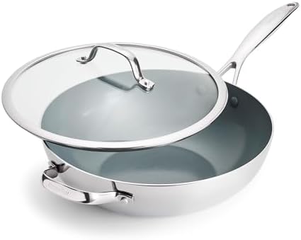 GreenPan Valencia Pro Tri-Ply Stainless Steel 12” Wok with Lid, PFAS-Free Ceramic Nonstick Coating, Induction Ready Cookware, All Cooktops, Dishwasher & Oven Safe to 600F