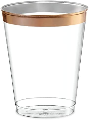PLASTICPRO Disposable 8 oz Crystal Clear Plastic Tumblers With Rose Gold Rim for Party's & Weddings pack of 50
