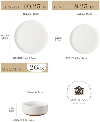 MALACASA Plates and Bowls Sets, 18 Pieces Modern Ceramic Dinnerware Set for 6 Kitchen Dinner Set Stoneware Dishware Dishes Set Microwave and Dishwasher Safe, White, Series TARA