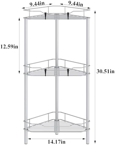 HuggieGems Metal Floor Standing Corner Shower Caddy, Silver, 3 Tier