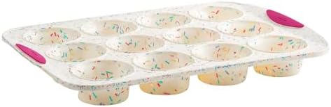 Trudeau Reinforced Structured Silicone Muffin Pan, 12-Cup, Confetti/Fuchsia – Hybrid Silicone & Hard Lining for Shape Retention, Non-Stick, Dishwasher Safe, BPA-Free Bakeware for Muffins & Cupcakes