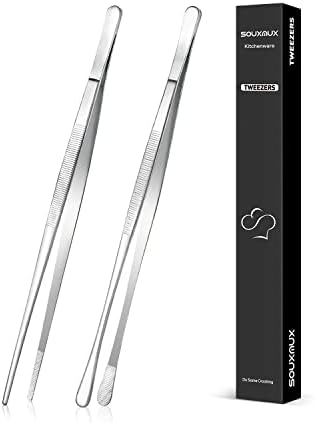 2 Pcs 10-inch Cooking Tweezers Tongs Precision Serrated Tips, Stainless Steel Professional Chef Tweezer Kitchen Tools for BBQ, Plating and Serving (Silver)
